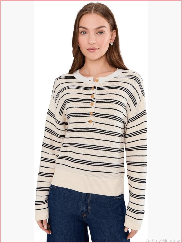 Striped Henley Sweater Pullover Long Sleeve Relaxed Fit Cotton